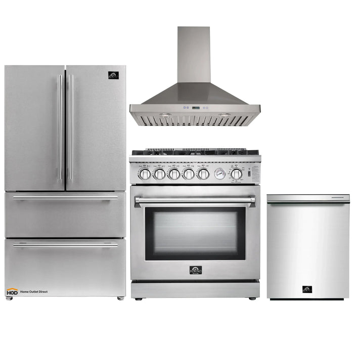 Forno 4-Piece Appliance Package - 30-Inch Gas Range, Refrigerator, Wall Mount Hood, & 3-Rack Dishwasher in Stainless Steel FORNO