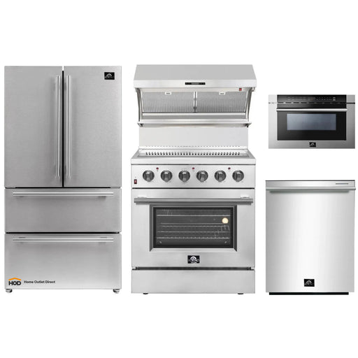 Forno 5-Piece Appliance Package - 30-Inch Electric Range, Wall Mount Range Hood with Backsplash, French Door Refrigerator, Dishwasher, and Microwave Drawer in Stainless Steel FORNO