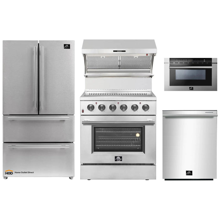 Forno 5-Piece Appliance Package - 30-Inch Electric Range, Wall Mount Range Hood with Backsplash, French Door Refrigerator, Dishwasher, and Microwave Drawer in Stainless Steel FORNO