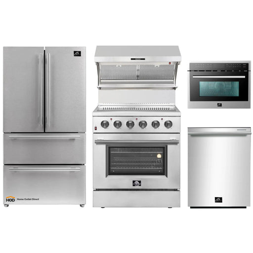 Forno 5-Piece Appliance Package - 30-Inch Electric Range, Wall Mount Range Hood with Backsplash, French Door Refrigerator, Dishwasher, and MicrowaveOven in Stainless Steel FORNO