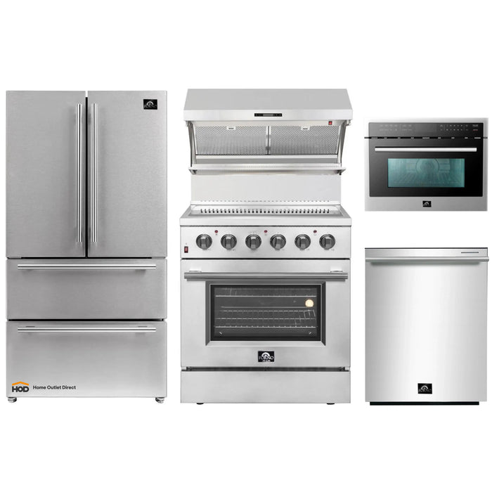 Forno 5-Piece Appliance Package - 30-Inch Electric Range, Wall Mount Range Hood with Backsplash, French Door Refrigerator, Dishwasher, and MicrowaveOven in Stainless Steel FORNO