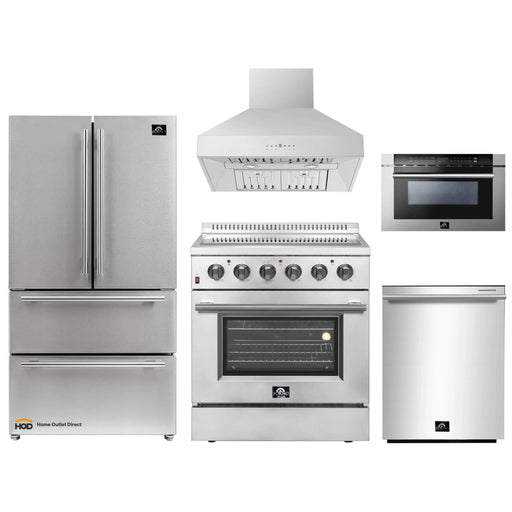 Forno 5-Piece Appliance Package - 30-Inch Electric Range, Wall Mount Range Hood, French Door Refrigerator, Dishwasher, and Microwave Drawer in Stainless Steel FORNO