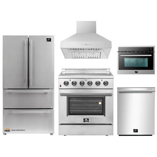 Forno 5-Piece Appliance Package - 30-Inch Electric Range, Wall Mount Range Hood, French Door Refrigerator, Dishwasher, and MicrowaveOven in Stainless Steel FORNO