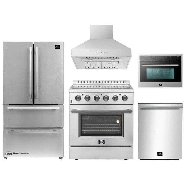 Forno 5-Piece Appliance Package - 30-Inch Electric Range, Wall Mount Range Hood, French Door Refrigerator, Dishwasher, and MicrowaveOven in Stainless Steel FORNO