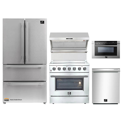 Forno 5-Piece Appliance Package - 36-Inch Electric Range, Wall Mount Range Hood with Backsplash, French Door Refrigerator, Dishwasher, and Microwave Drawer in Stainless Steel FORNO