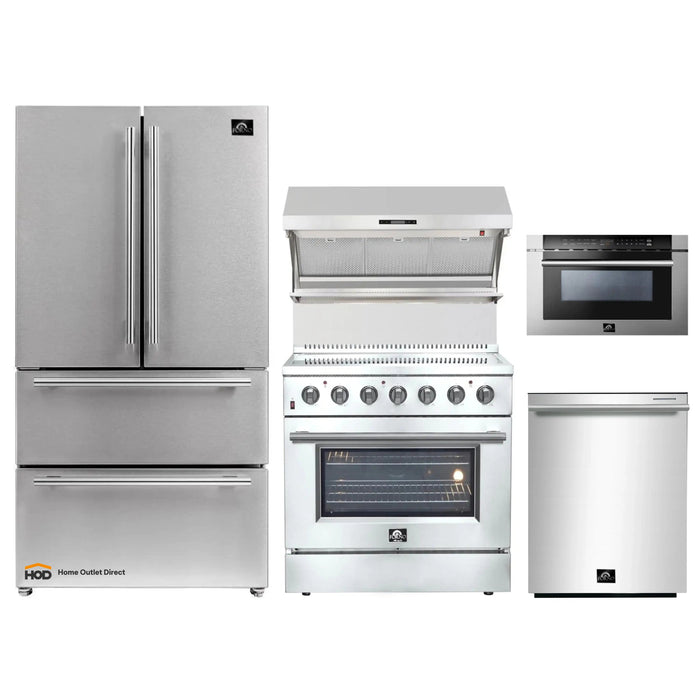 Forno 5-Piece Appliance Package - 36-Inch Electric Range, Wall Mount Range Hood with Backsplash, French Door Refrigerator, Dishwasher, and Microwave Drawer in Stainless Steel FORNO