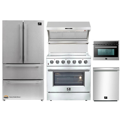 Forno 5-Piece Appliance Package - 36-Inch Electric Range, Wall Mount Range Hood with Backsplash, French Door Refrigerator, Dishwasher, and Microwave Oven in Stainless Steel FORNO