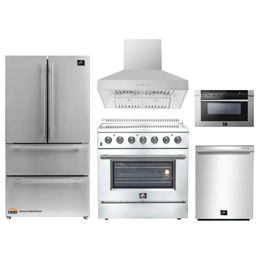 Forno 5-Piece Appliance Package - 36-Inch Electric Range, Wall Mount Range Hood, French Door Refrigerator, Dishwasher, and Microwave Drawer in Stainless Steel FORNO