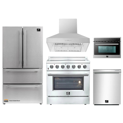 Forno 5-Piece Appliance Package - 36-Inch Electric Range, Wall Mount Range Hood, French Door Refrigerator, Dishwasher, and Microwave Oven in Stainless Steel FORNO
