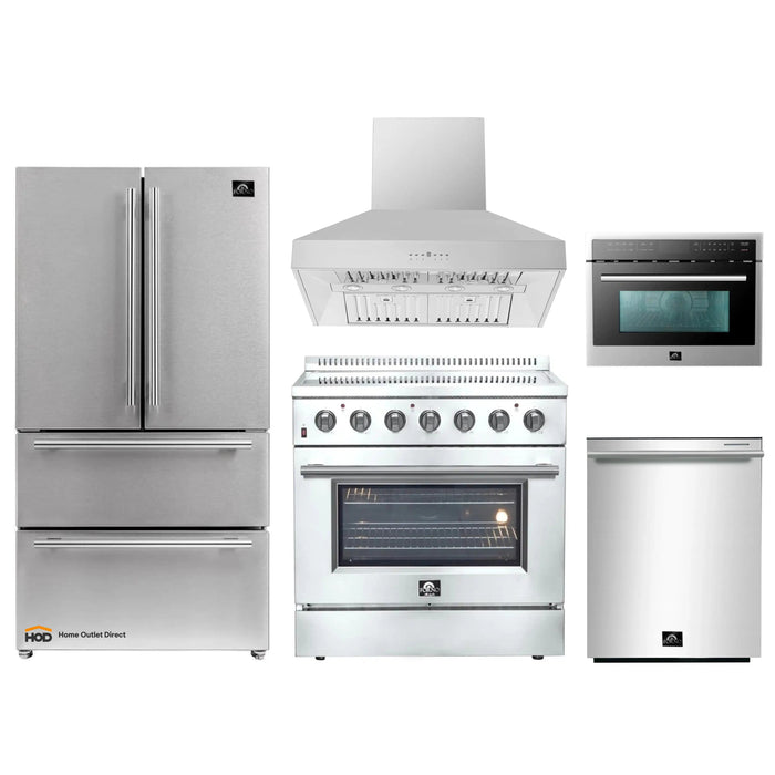 Forno 5-Piece Appliance Package - 36-Inch Electric Range, Wall Mount Range Hood, French Door Refrigerator, Dishwasher, and Microwave Oven in Stainless Steel FORNO