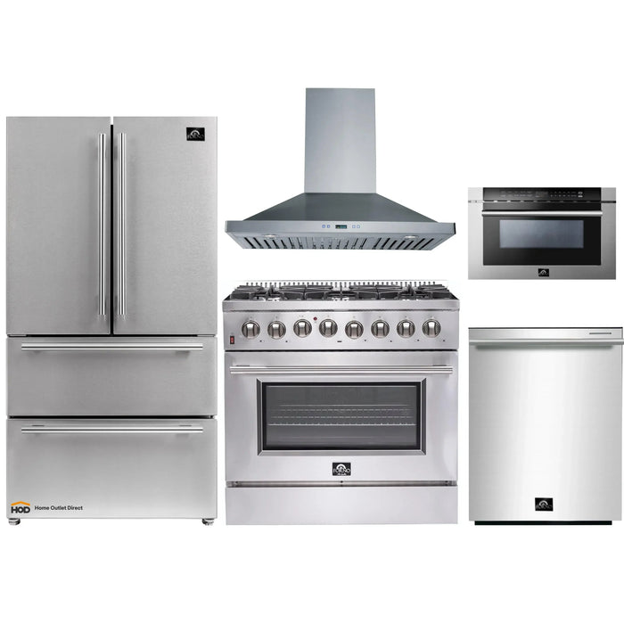 Forno 5-Piece Appliance Package - 36-Inch Dual Fuel Range, Refrigerator, Wall Mount Hood, Microwave Drawer, & 3-Rack Dishwasher in Stainless Steel FORNO