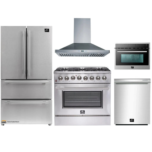 Forno 5-Piece Appliance Package - 36-Inch Dual Fuel Range, Refrigerator, Wall Mount Hood, Microwave Oven, & 3-Rack Dishwasher in Stainless Steel FORNO