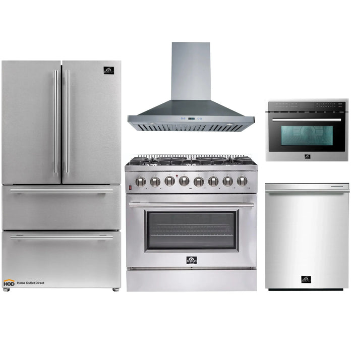 Forno 5-Piece Appliance Package - 36-Inch Dual Fuel Range, Refrigerator, Wall Mount Hood, Microwave Oven, & 3-Rack Dishwasher in Stainless Steel FORNO