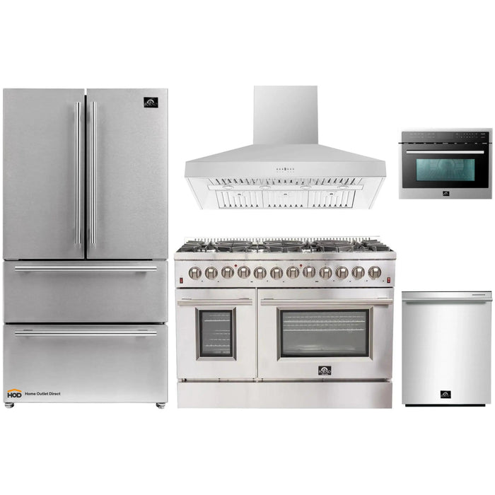Forno 5-Piece Appliance Package - 48-Inch Dual Fuel Range, Refrigerator, Wall Mount Hood, Microwave Oven, & 3-Rack Dishwasher in Stainless Steel FORNO