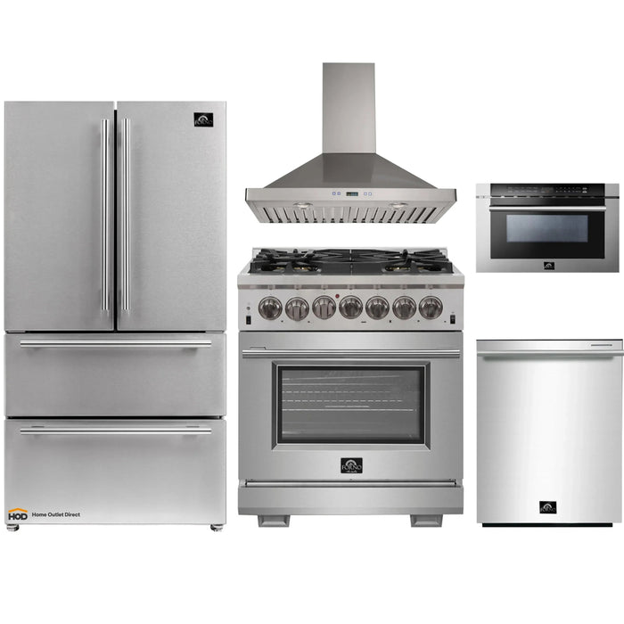 Forno 5-Piece Pro Appliance Package - 30-Inch Dual Fuel Range, Refrigerator, Wall Mount Hood, Microwave Drawer, & 3-Rack Dishwasher in Stainless Steel FORNO