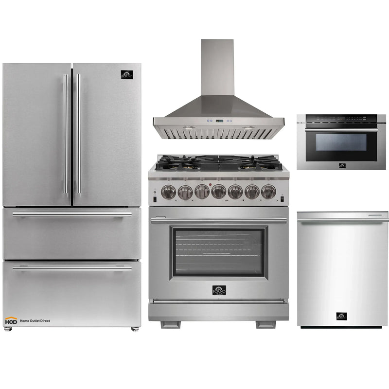 Forno 5-Piece Pro Appliance Package - 30-Inch Dual Fuel Range, Refrigerator, Wall Mount Hood, Microwave Drawer, & 3-Rack Dishwasher in Stainless Steel