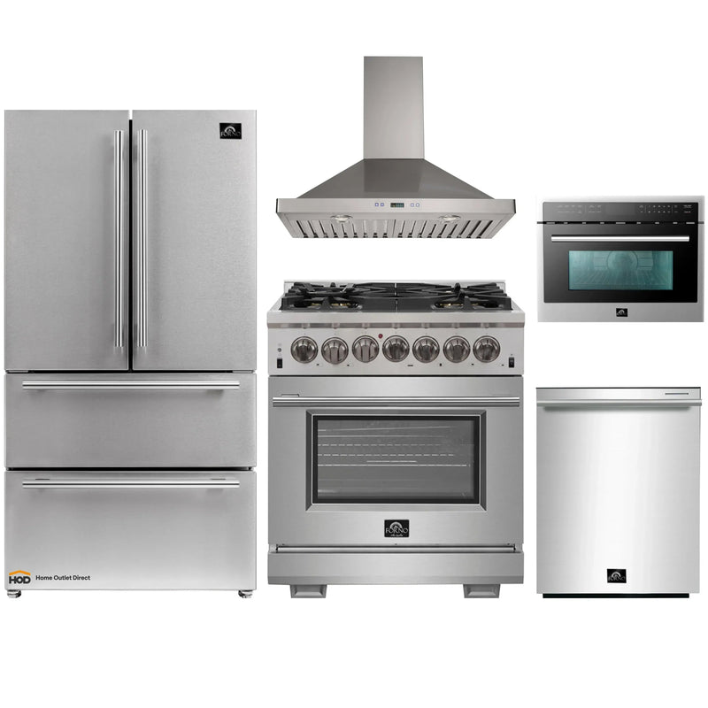 Forno 5-Piece Pro Appliance Package - 30-Inch Dual Fuel Range, Refrigerator, Wall Mount Hood, Microwave Oven, & 3-Rack Dishwasher in Stainless Steel