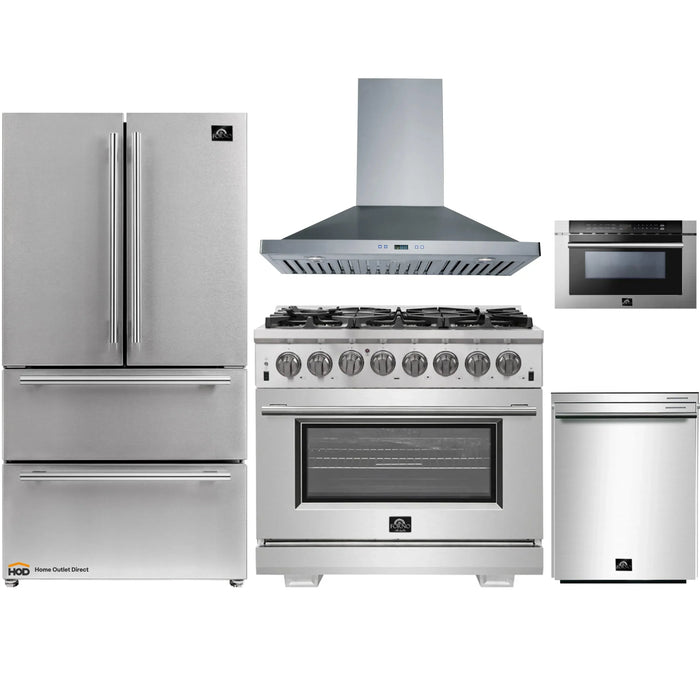 Forno 5-Piece Pro Appliance Package - 36-Inch Dual Fuel Range, Refrigerator, Wall Mount Hood, Microwave Drawer, & 3-Rack Dishwasher in Stainless Steel FORNO