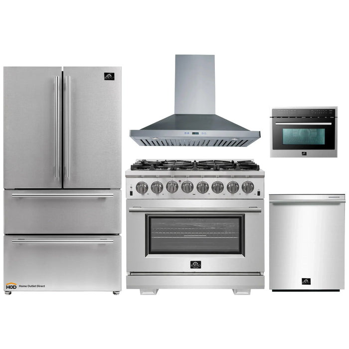 Forno 5-Piece Pro Appliance Package - 36-Inch Dual Fuel Range, Refrigerator, Wall Mount Hood, Microwave Oven, & 3-Rack Dishwasher in Stainless Steel FORNO