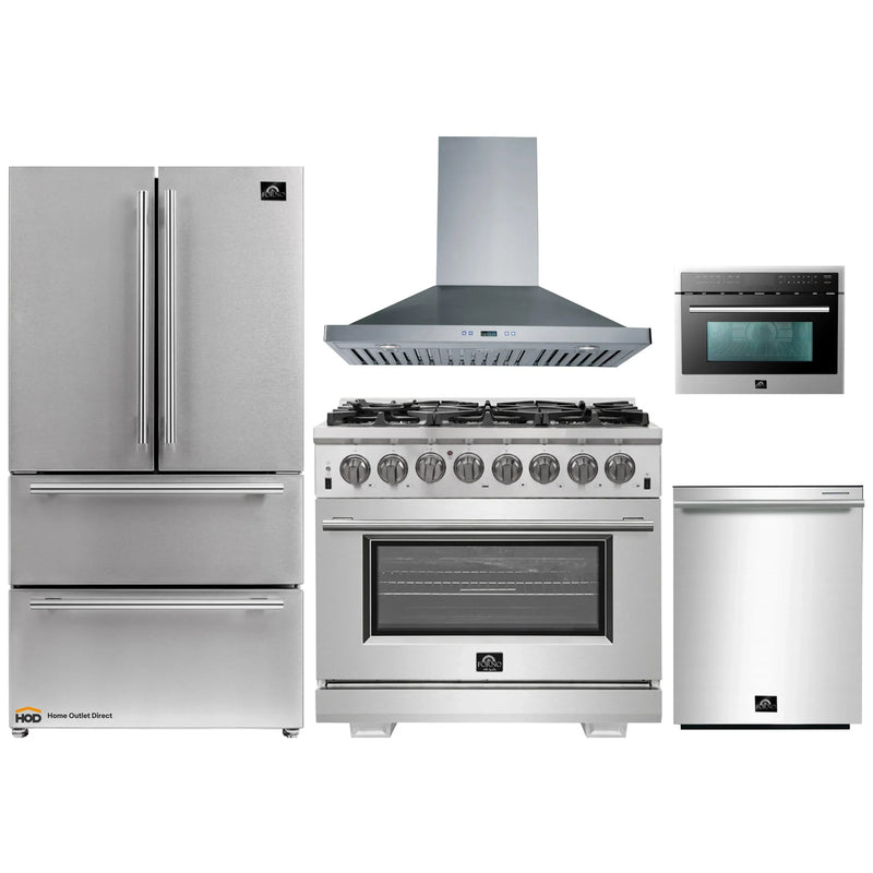 Forno 5-Piece Pro Appliance Package - 36-Inch Dual Fuel Range, Refrigerator, Wall Mount Hood, Microwave Oven, & 3-Rack Dishwasher in Stainless Steel