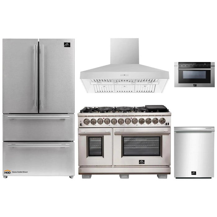 Forno 5-Piece Pro Appliance Package - 48-Inch Dual Fuel Range, Refrigerator, Wall Mount Hood, Microwave Drawer, & 3-Rack Dishwasher in Stainless Steel FORNO