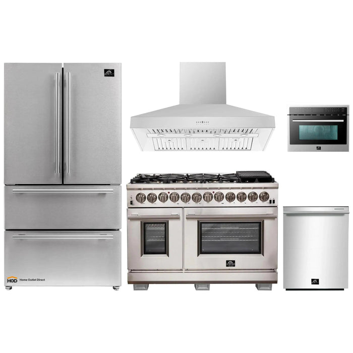 Forno 5-Piece Pro Appliance Package - 48-Inch Dual Fuel Range, Refrigerator, Wall Mount Hood, Microwave Oven, & 3-Rack Dishwasher in Stainless Steel FORNO