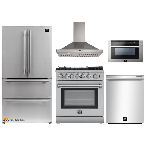 Forno 5-Piece Appliance Package - 30-Inch Dual Fuel Range with Air Fryer, Refrigerator, Wall Mount Hood, Microwave Drawer, & 3-Rack Dishwasher in Stainless Steel FORNO