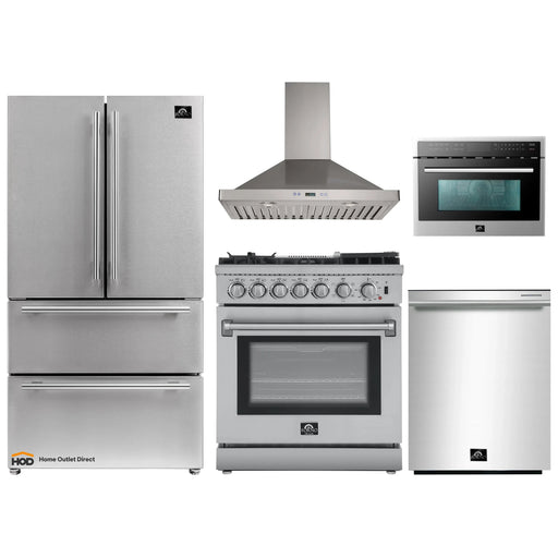 Forno 5-Piece Appliance Package - 30-Inch Dual Fuel Range with Air Fryer, Refrigerator, Wall Mount Hood, Microwave Oven, & 3-Rack Dishwasher in Stainless Steel FORNO