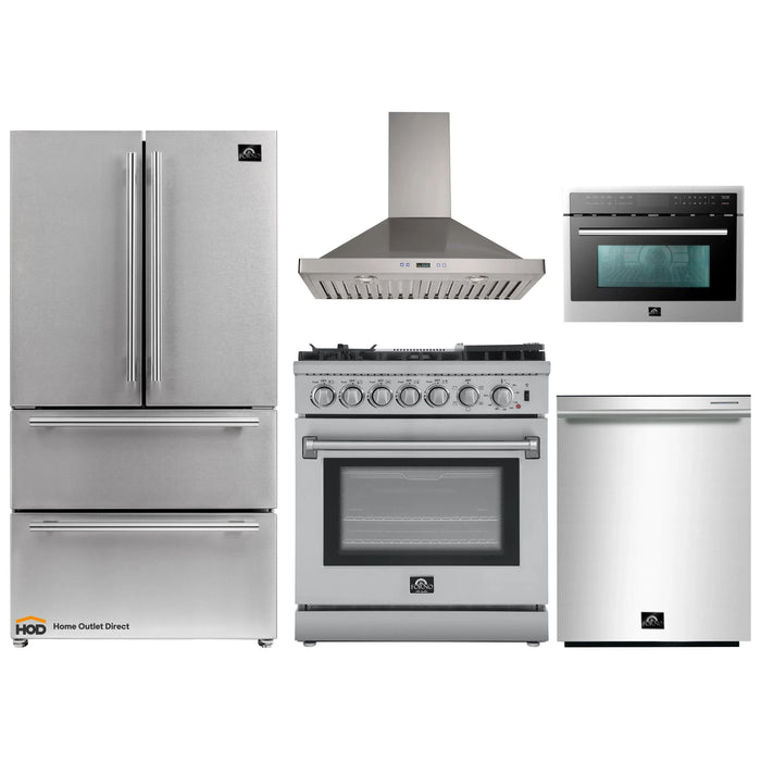 Forno 5-Piece Appliance Package - 30-Inch Dual Fuel Range with Air Fryer, Refrigerator, Wall Mount Hood, Microwave Oven, & 3-Rack Dishwasher in Stainless Steel FORNO