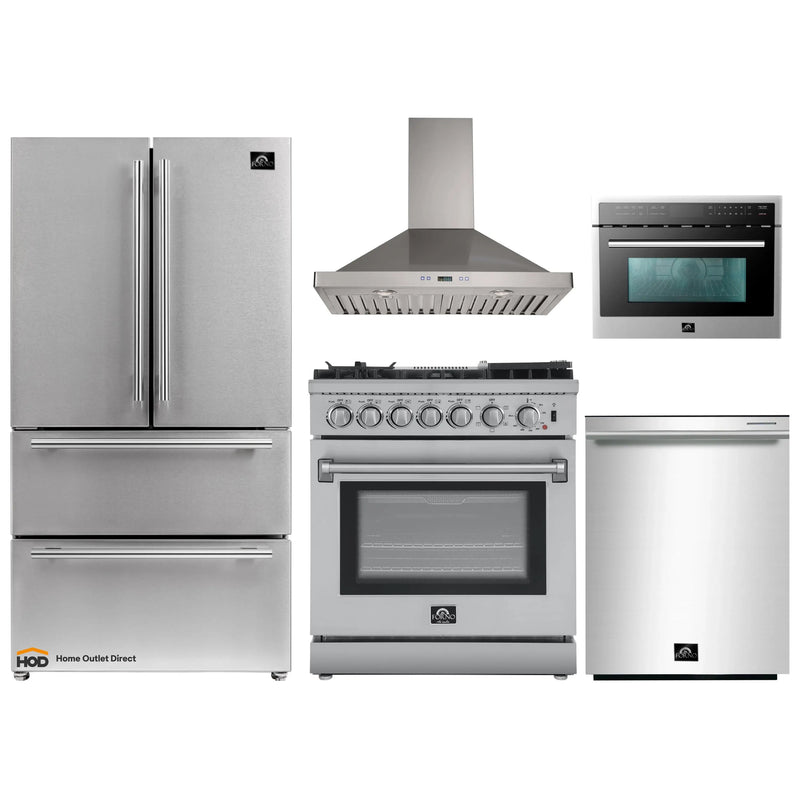 Forno 5-Piece Appliance Package - 30-Inch Dual Fuel Range with Air Fryer, Refrigerator, Wall Mount Hood, Microwave Oven, & 3-Rack Dishwasher in Stainless Steel
