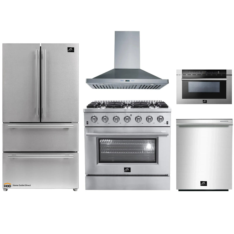 Forno 5-Piece Appliance Package - 36-Inch Gas Range, Refrigerator, Wall Mount Hood, Microwave Drawer, & 3-Rack Dishwasher in Stainless Steel