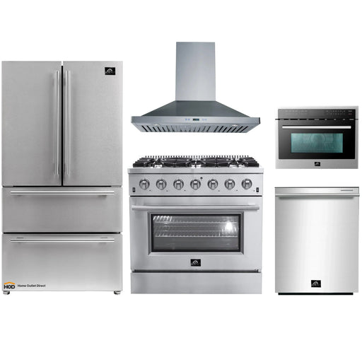 Forno 5-Piece Appliance Package - 36-Inch Gas Range, Refrigerator, Wall Mount Hood, Microwave Oven, & 3-Rack Dishwasher in Stainless Steel FORNO