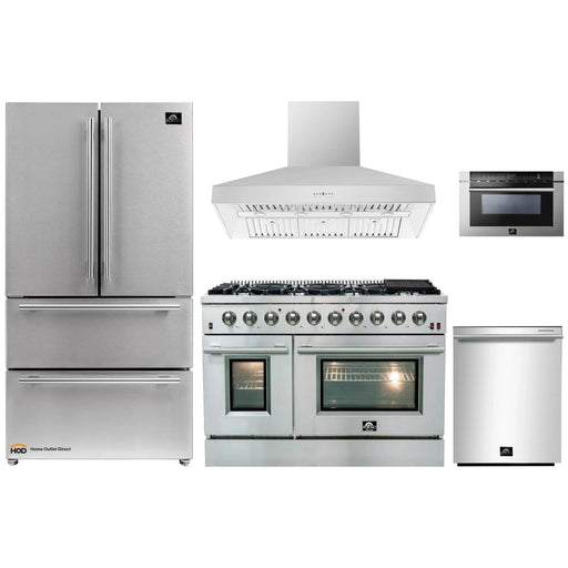 Forno 5-Piece Appliance Package - 48-Inch Gas Range, Refrigerator, Wall Mount Hood, Microwave Drawer, & 3-Rack Dishwasher in Stainless Steel FORNO