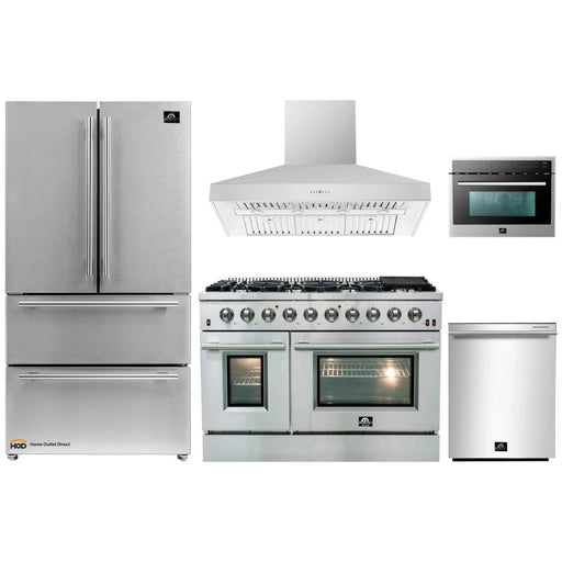 Forno 5-Piece Appliance Package - 48-Inch Gas Range, Refrigerator, Wall Mount Hood, Microwave Oven, & 3-Rack Dishwasher in Stainless Steel FORNO