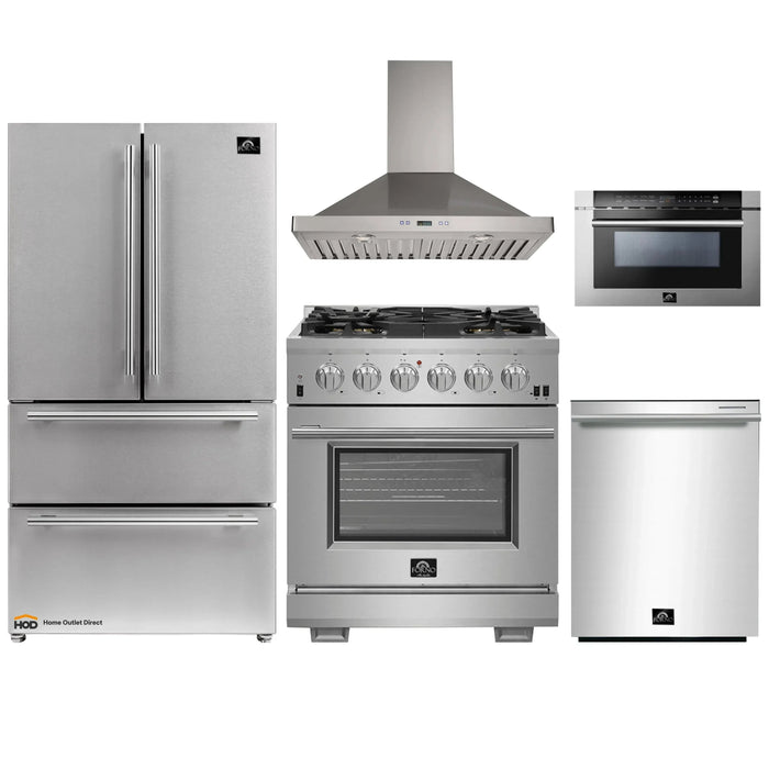 Forno 5-Piece Pro Appliance Package - 30-Inch Gas Range, Refrigerator, Wall Mount Hood, Microwave Drawer, & 3-Rack Dishwasher in Stainless Steel FORNO