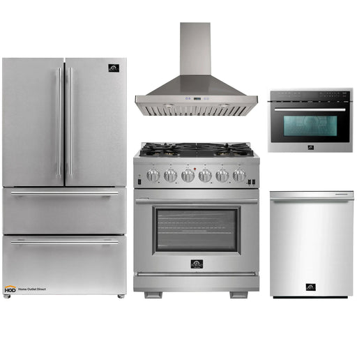 Forno 5-Piece Pro Appliance Package - 30-Inch Gas Range, 36-Inch Refrigerator Wall Mount Hood, Microwave Oven, & 3-Rack Dishwasher in Stainless Steel FORNO