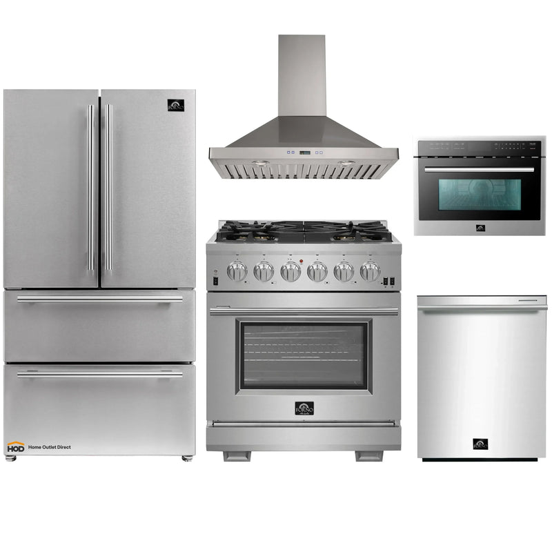 Forno 5-Piece Pro Appliance Package - 30-Inch Gas Range, 36-Inch Refrigerator Wall Mount Hood, Microwave Oven, & 3-Rack Dishwasher in Stainless Steel