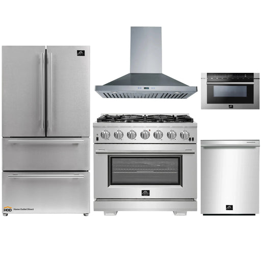 Forno 5-Piece Pro Appliance Package - 36-Inch Gas Range, Refrigerator, Wall Mount Hood, Microwave Drawer, & 3-Rack Dishwasher in Stainless Steel FORNO