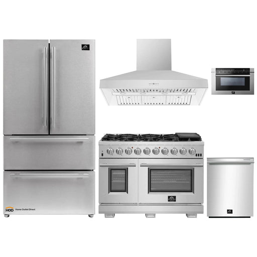 Forno 5-Piece Pro Appliance Package - 48-Inch Gas Range, Refrigerator, Wall Mount Hood, Microwave Drawer, & 3-Rack Dishwasher in Stainless Steel FORNO
