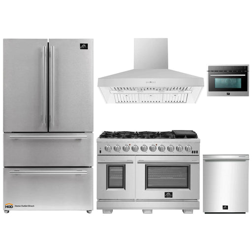 Forno 5-Piece Pro Appliance Package - 48-Inch Gas Range, Refrigerator, Wall Mount Hood, Microwave Oven, & 3-Rack Dishwasher in Stainless Steel FORNO