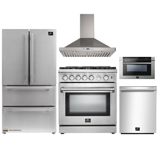Forno 5-Piece Appliance Package - 30-Inch Gas Range, Refrigerator, Wall Mount Hood, Microwave Drawer, & 3-Rack Dishwasher in Stainless Steel FORNO