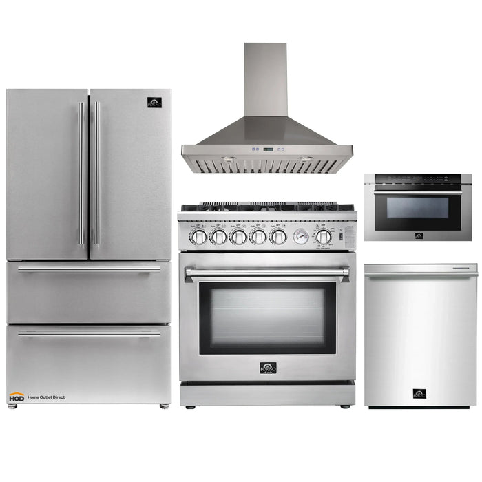 Forno 5-Piece Appliance Package - 30-Inch Gas Range, Refrigerator, Wall Mount Hood, Microwave Drawer, & 3-Rack Dishwasher in Stainless Steel FORNO