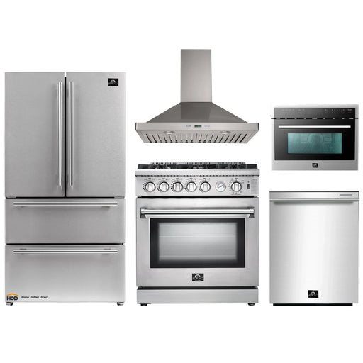 Forno 5-Piece Appliance Package - 30-Inch Gas Range, Refrigerator, Wall Mount Hood, Microwave Oven, & 3-Rack Dishwasher in Stainless Steel FORNO