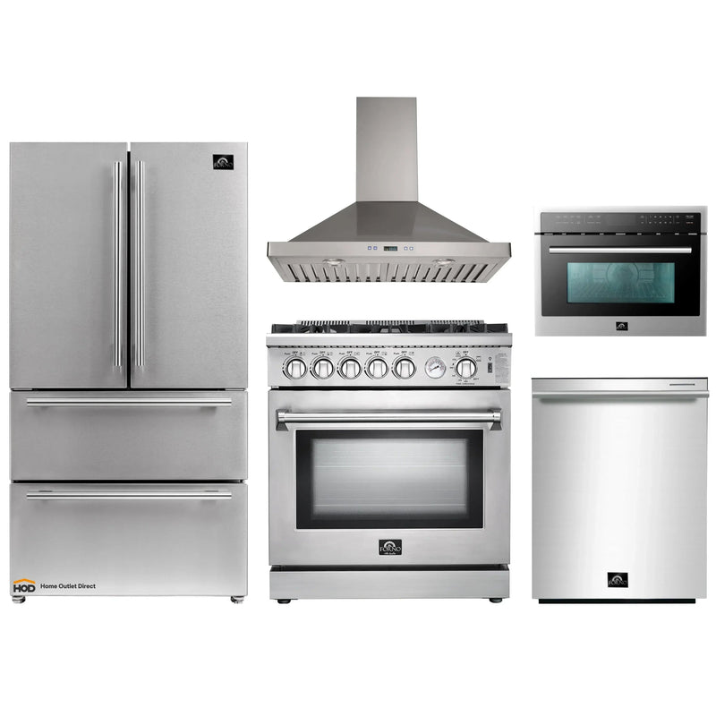 Forno 5-Piece Appliance Package - 30-Inch Gas Range, Refrigerator, Wall Mount Hood, Microwave Oven, & 3-Rack Dishwasher in Stainless Steel