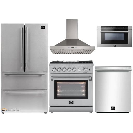 Forno 5-Piece Appliance Package - 30-Inch Gas Range with Air Fryer, Refrigerator, Wall Mount Hood, Microwave Drawer, & 3-Rack Dishwasher in Stainless Steel FORNO