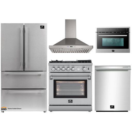 Forno 5-Piece Appliance Package - 30-Inch Gas Range with Air Fryer, Refrigerator, Wall Mount Hood, Microwave Oven, & 3-Rack Dishwasher in Stainless Steel FORNO