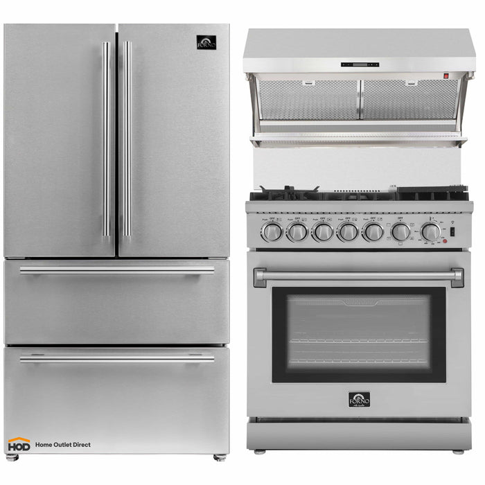 Forno 3-Piece Appliance Package - 30-Inch Dual Fuel Range with Air Fryer, Refrigerator, & Wall Mount Hood with Backsplash in Stainless Steel FORNO