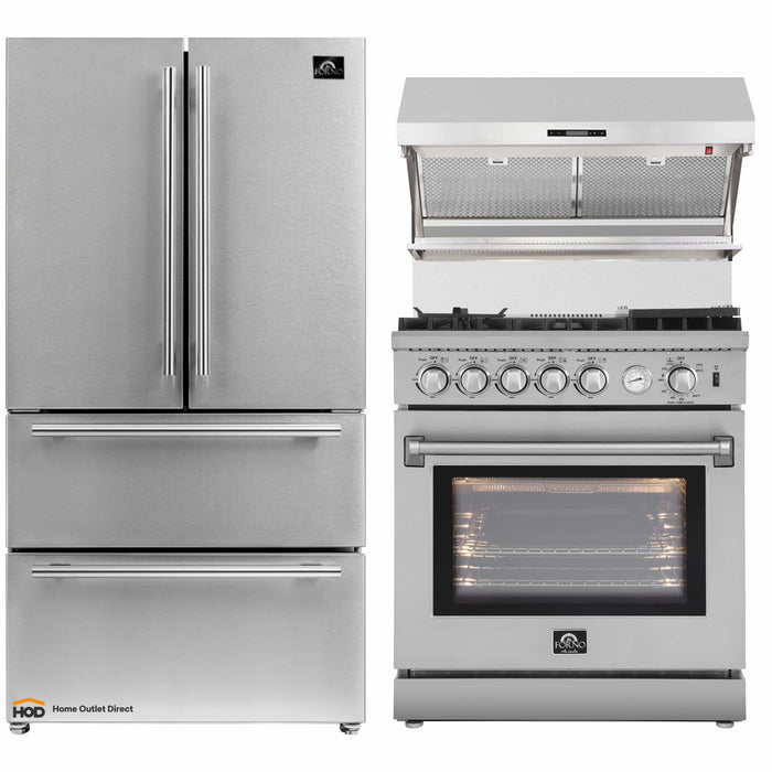 Forno 3-Piece Appliance Package - 30-Inch Gas Range with Air Fryer, Refrigerator, & Wall Mount Hood with Backsplash in Stainless Steel FORNO