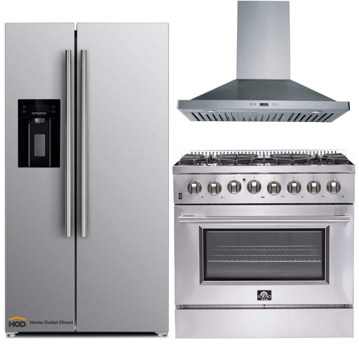 Forno 3-Piece Appliance Package - 36-Inch Dual Fuel Range, Refrigerator with Water Dispenser, & Wall Mount Hood in Stainless Steel FORNO