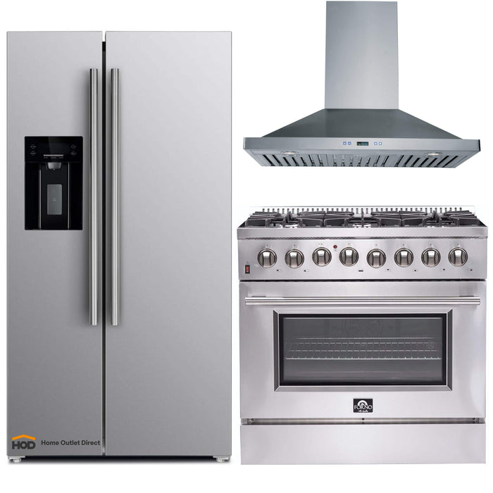 Forno 3-Piece Appliance Package - 36-Inch Dual Fuel Range, Refrigerator with Water Dispenser, & Wall Mount Hood in Stainless Steel FORNO